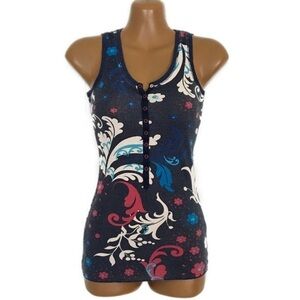 Nollie Tank Top Navy Floral Whimsy Retro Graphic Snap Front XS Woman’s Summer